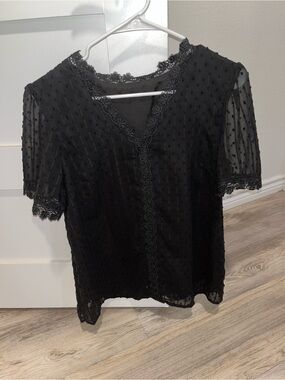 Black Lace-Trim Sheer Dot Blouse